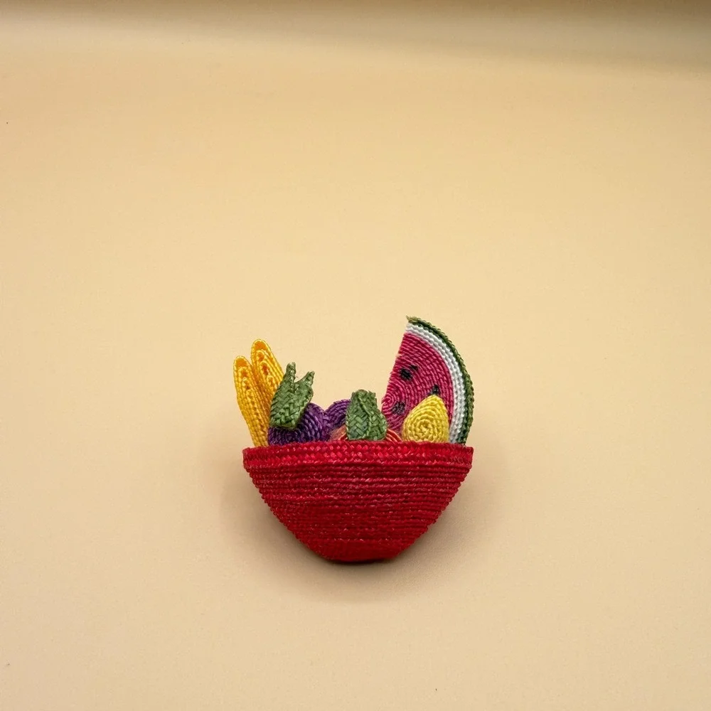 Woven Fruit Basket Brooch Watermelon Vintage Whimsical Boho Statement Pin Gift